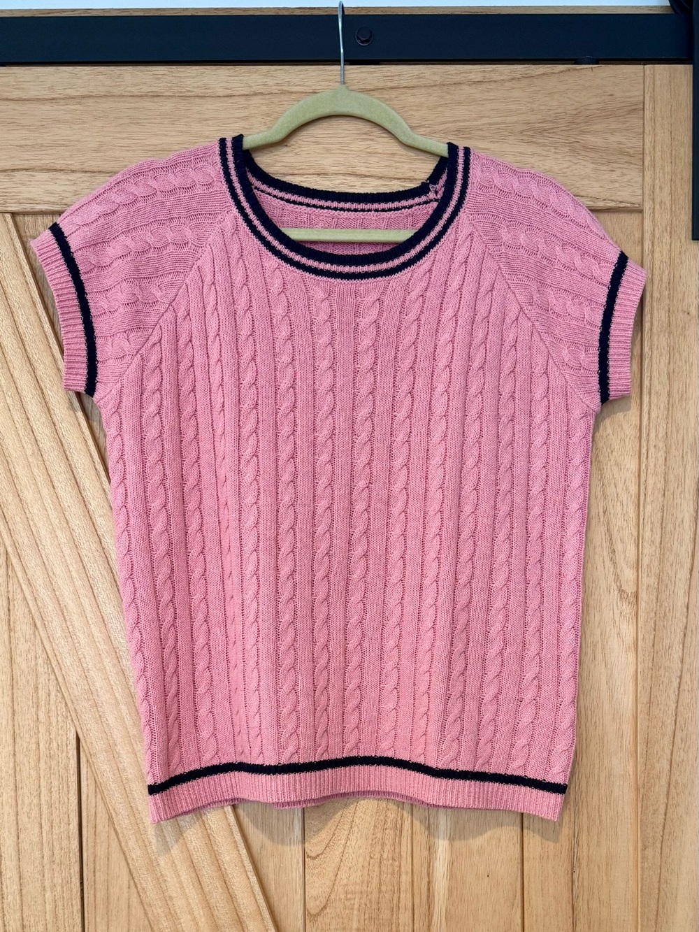 Pink Cable Knit Short Sleeve Sweater with Contrast Trim
